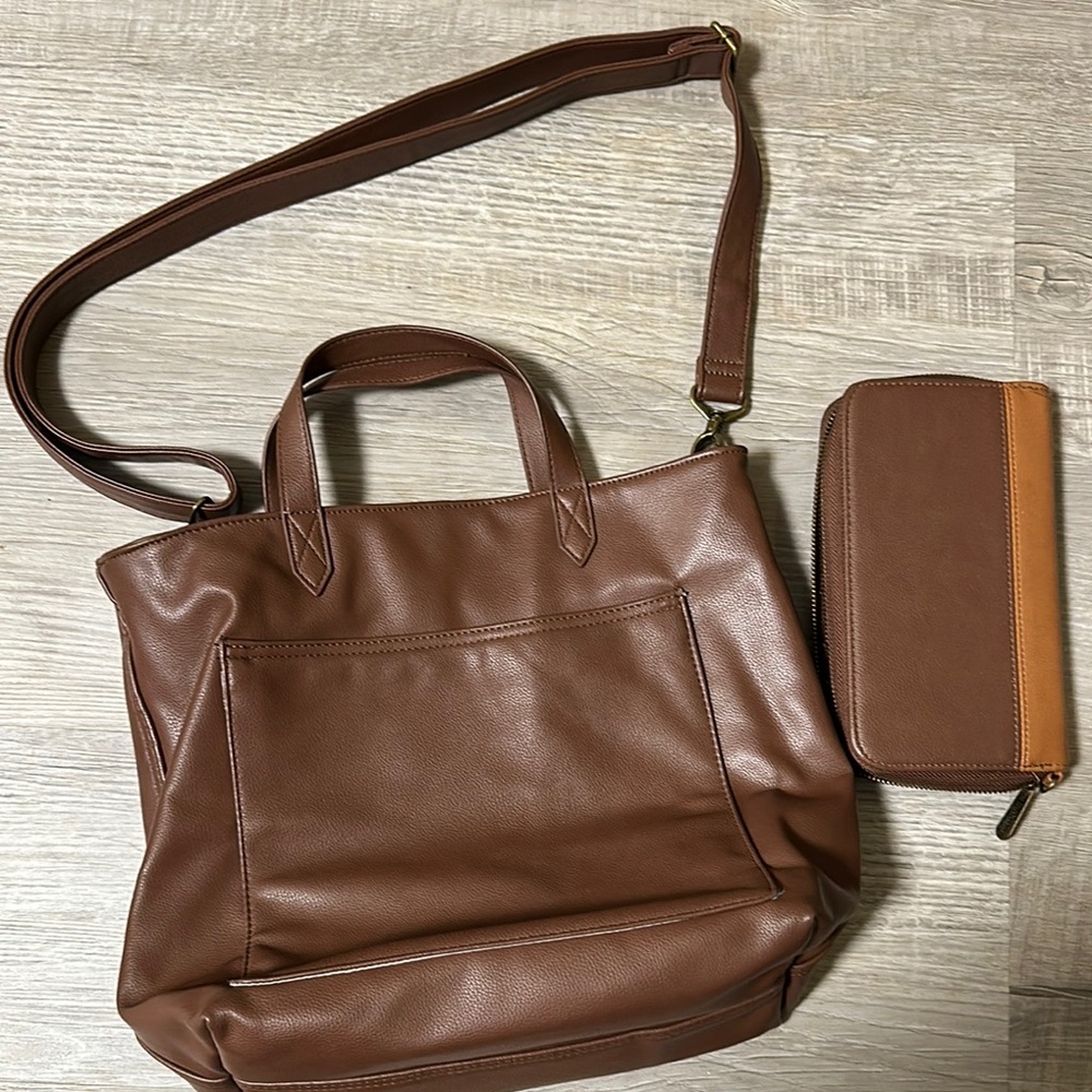 Brown Leather Tote Bag and Wallet Set